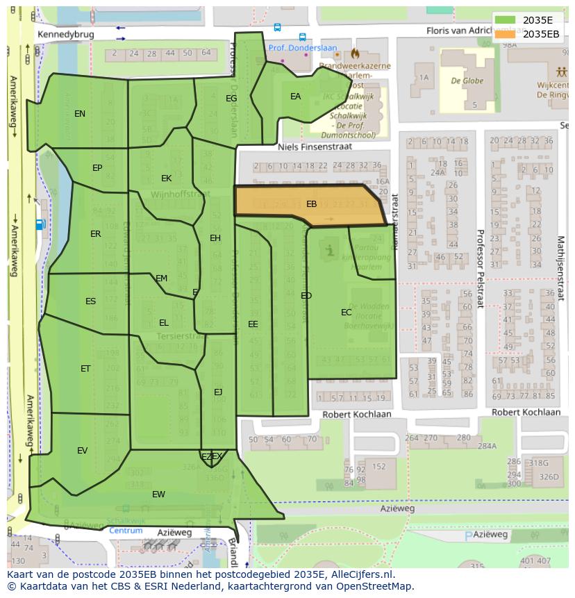 Afbeelding van het postcodegebied 2035 EB op de kaart.