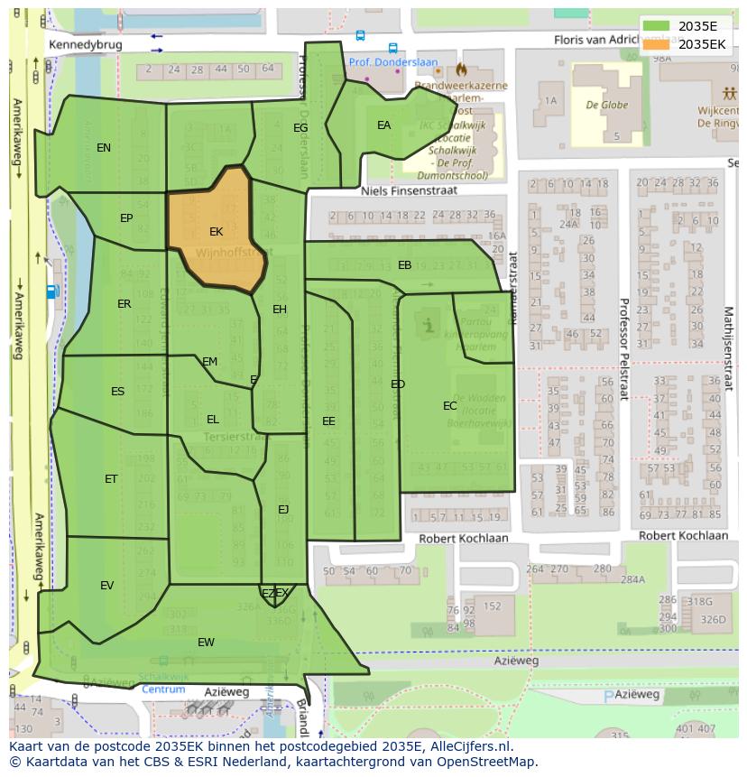 Afbeelding van het postcodegebied 2035 EK op de kaart.
