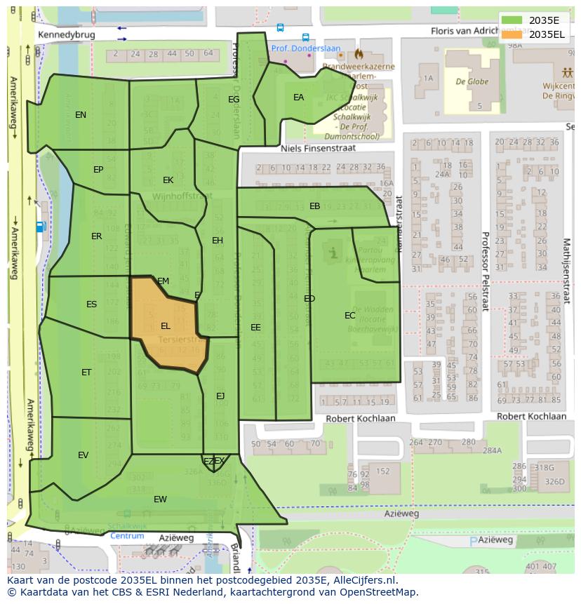 Afbeelding van het postcodegebied 2035 EL op de kaart.