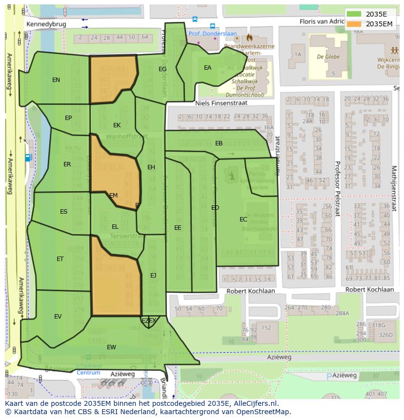 Afbeelding van het postcodegebied 2035 EM op de kaart.
