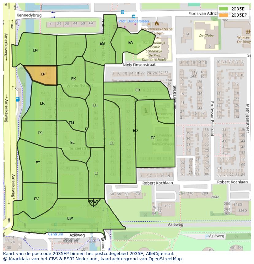 Afbeelding van het postcodegebied 2035 EP op de kaart.