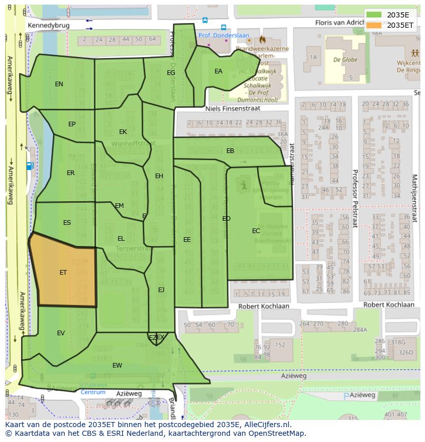 Afbeelding van het postcodegebied 2035 ET op de kaart.