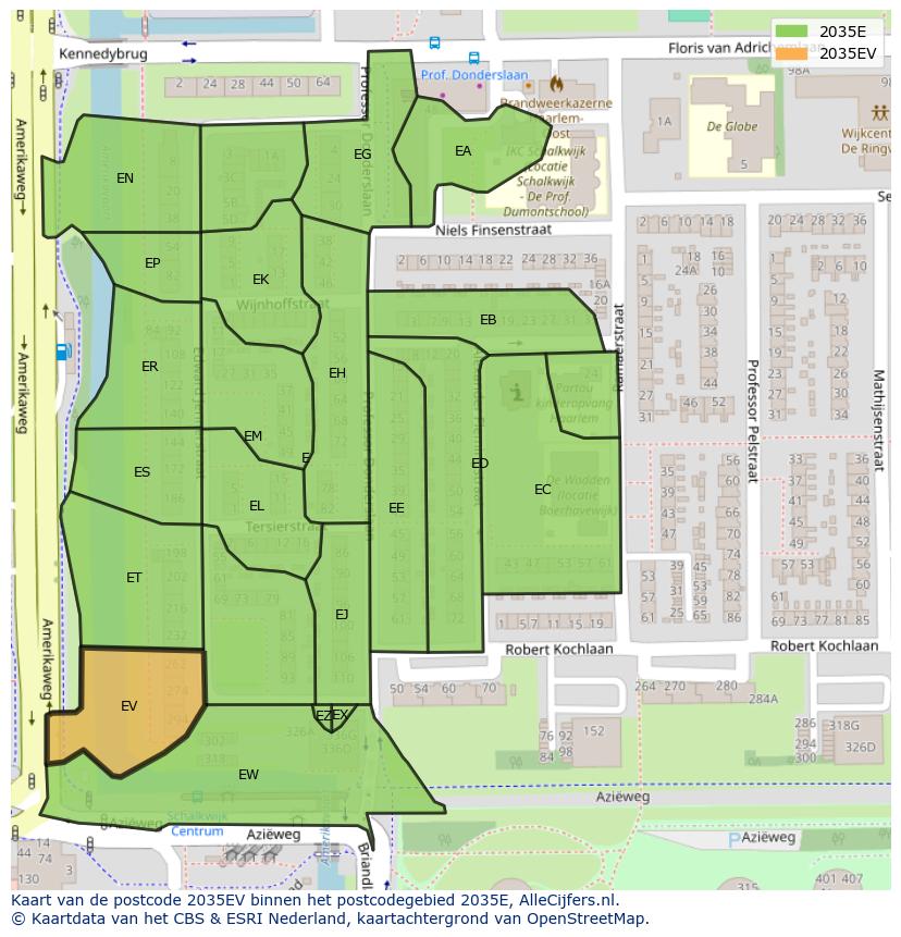 Afbeelding van het postcodegebied 2035 EV op de kaart.
