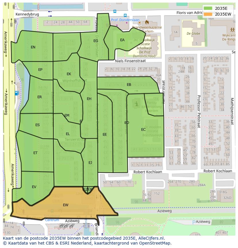 Afbeelding van het postcodegebied 2035 EW op de kaart.