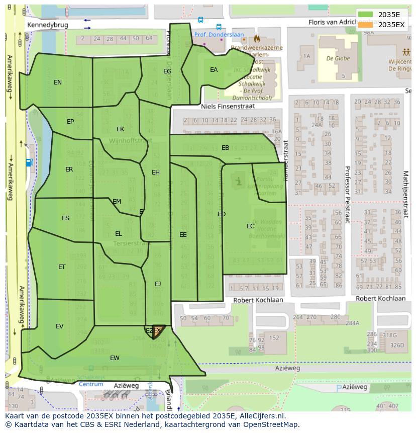Afbeelding van het postcodegebied 2035 EX op de kaart.