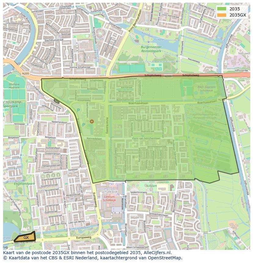 Afbeelding van het postcodegebied 2035 GX op de kaart.