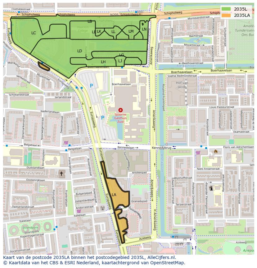 Afbeelding van het postcodegebied 2035 LA op de kaart.