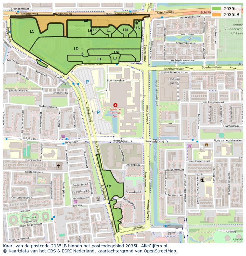 Afbeelding van het postcodegebied 2035 LB op de kaart.