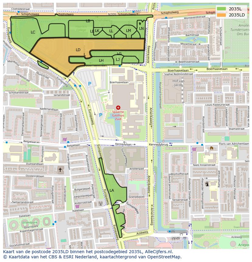 Afbeelding van het postcodegebied 2035 LD op de kaart.