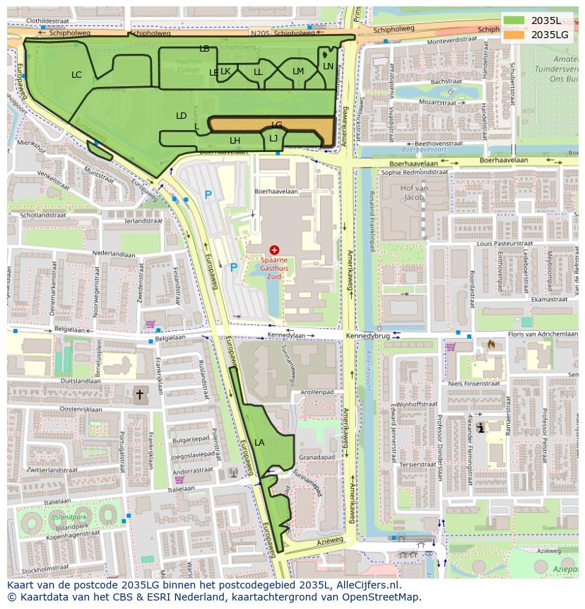 Afbeelding van het postcodegebied 2035 LG op de kaart.