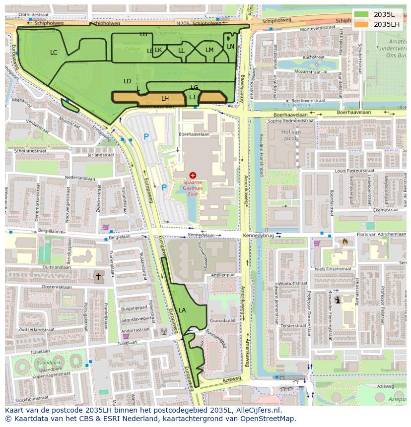 Afbeelding van het postcodegebied 2035 LH op de kaart.