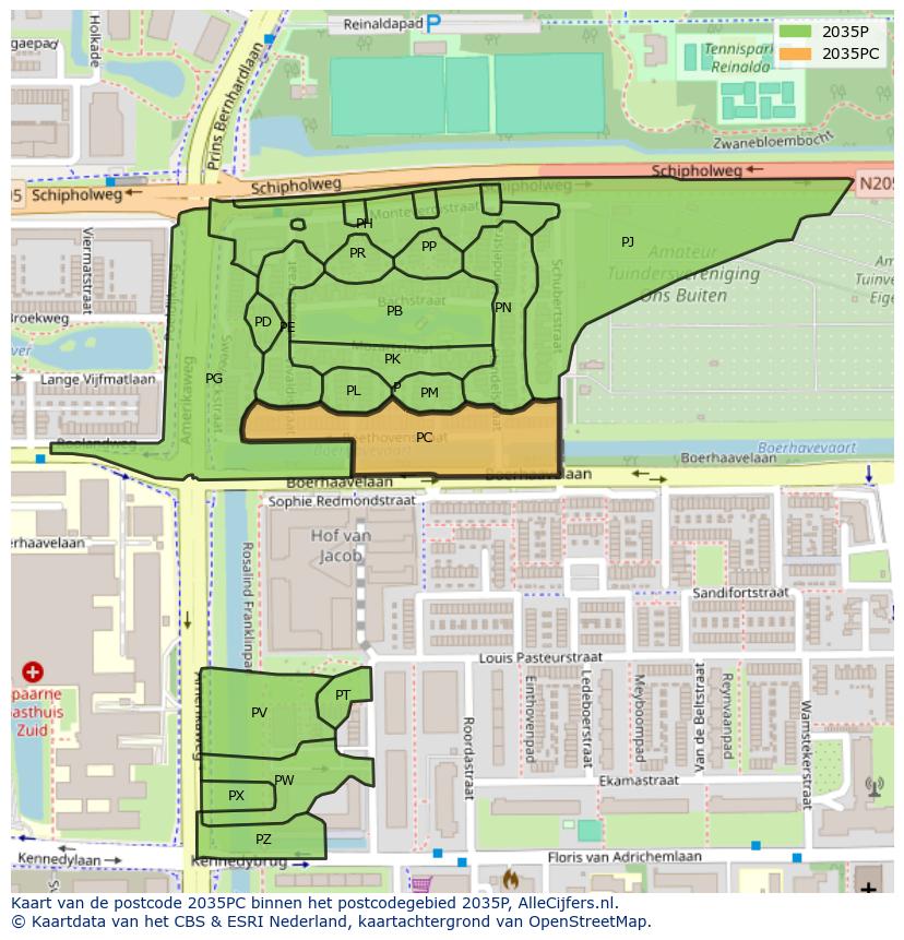 Afbeelding van het postcodegebied 2035 PC op de kaart.