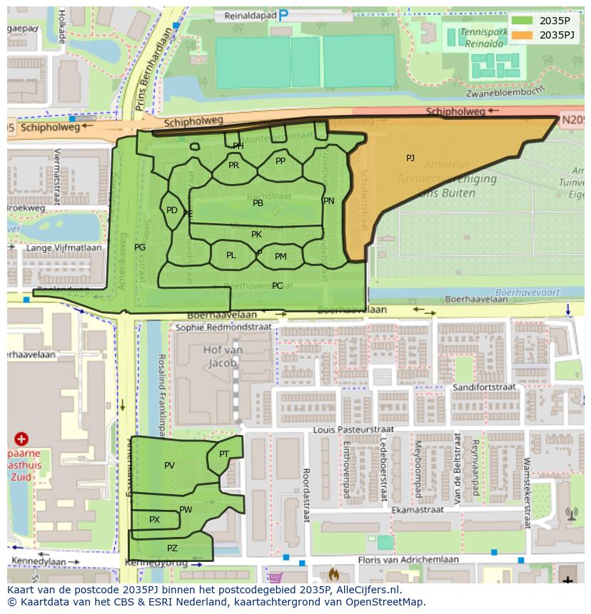 Afbeelding van het postcodegebied 2035 PJ op de kaart.