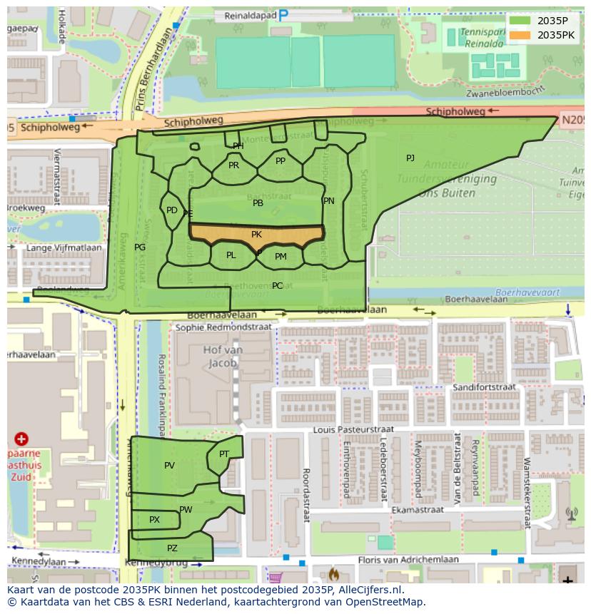 Afbeelding van het postcodegebied 2035 PK op de kaart.