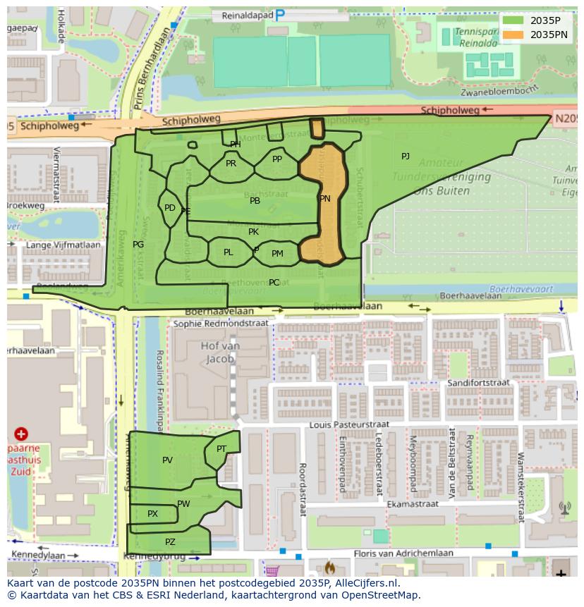 Afbeelding van het postcodegebied 2035 PN op de kaart.