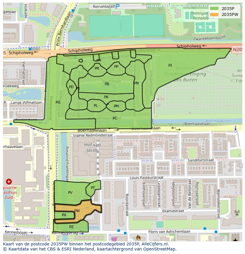 Afbeelding van het postcodegebied 2035 PW op de kaart.
