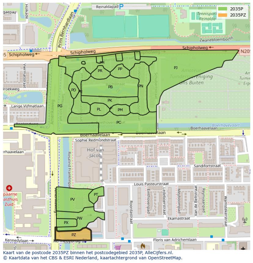 Afbeelding van het postcodegebied 2035 PZ op de kaart.