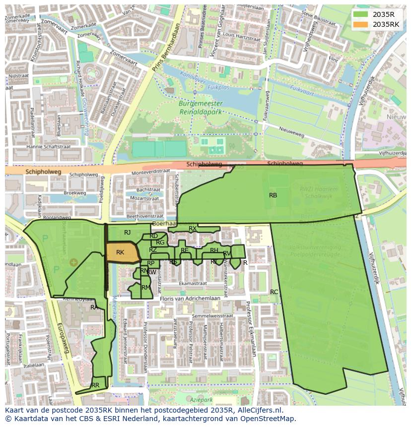 Afbeelding van het postcodegebied 2035 RK op de kaart.
