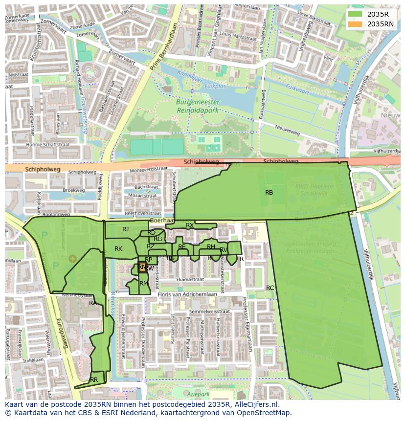 Afbeelding van het postcodegebied 2035 RN op de kaart.