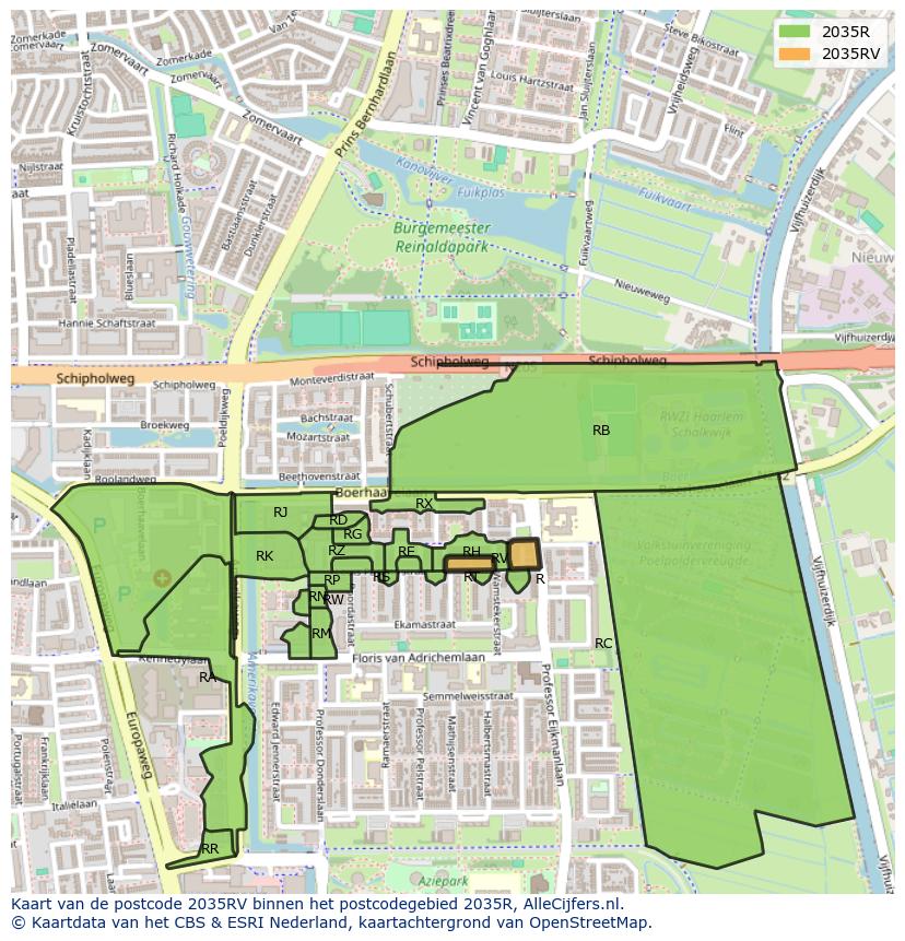 Afbeelding van het postcodegebied 2035 RV op de kaart.