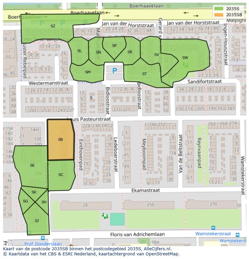 Afbeelding van het postcodegebied 2035 SB op de kaart.