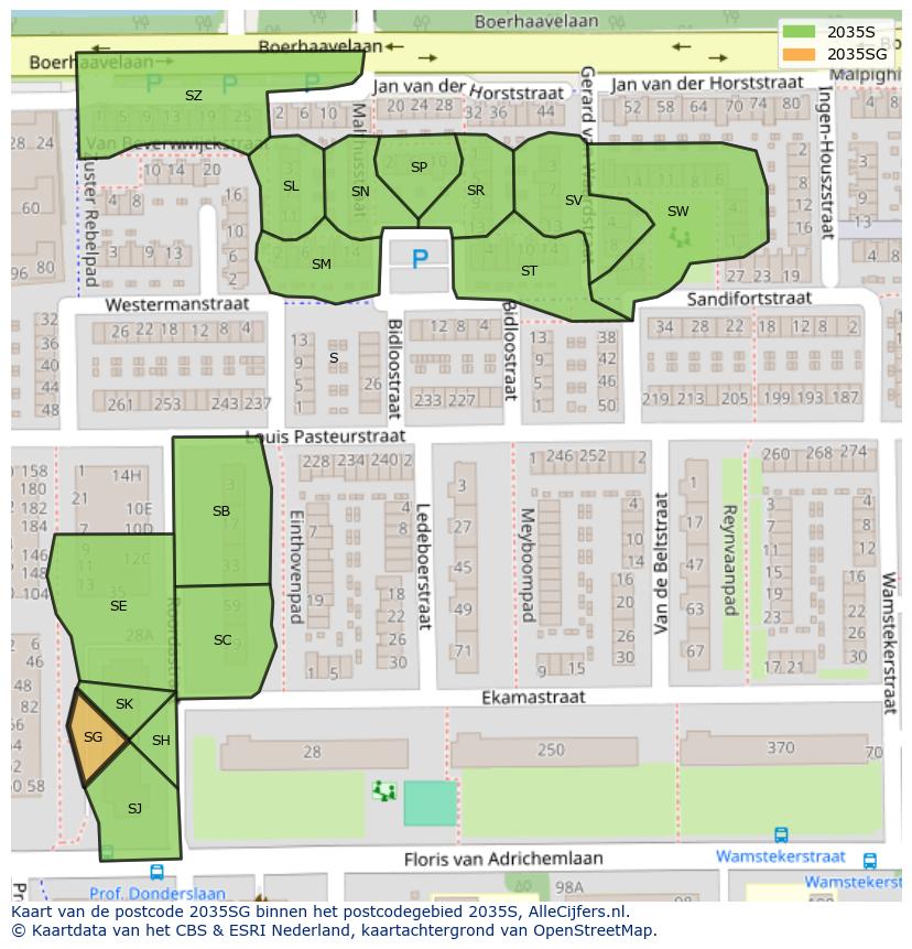 Afbeelding van het postcodegebied 2035 SG op de kaart.