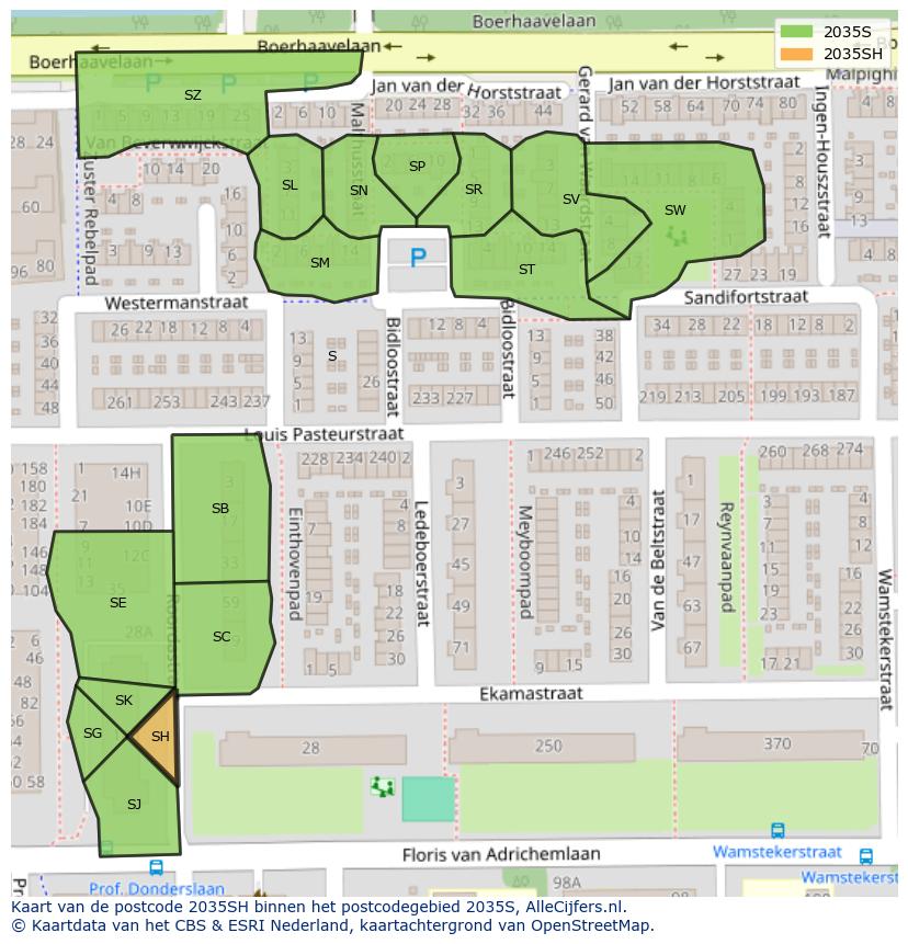 Afbeelding van het postcodegebied 2035 SH op de kaart.