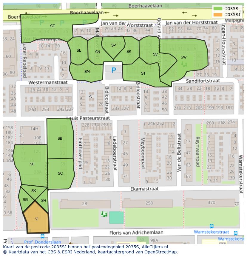 Afbeelding van het postcodegebied 2035 SJ op de kaart.