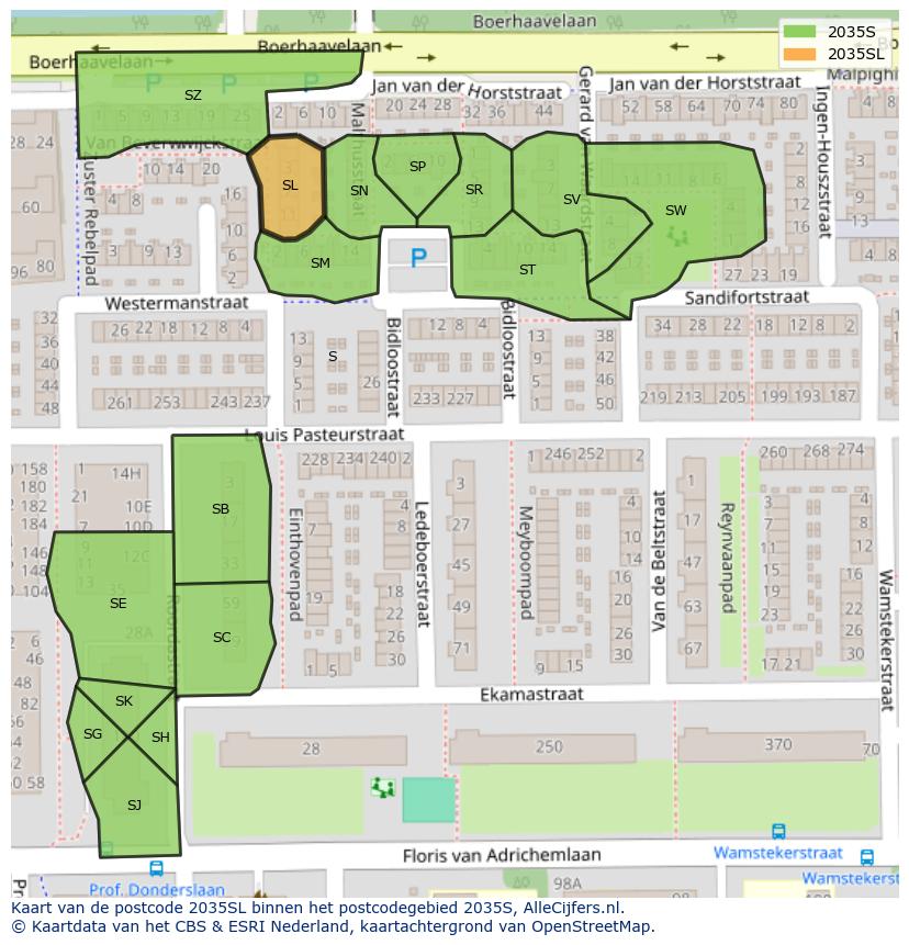 Afbeelding van het postcodegebied 2035 SL op de kaart.