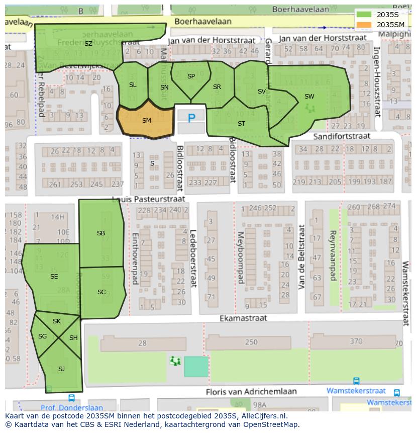 Afbeelding van het postcodegebied 2035 SM op de kaart.