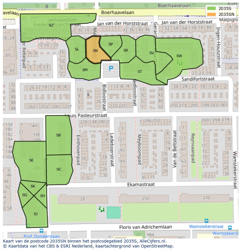 Afbeelding van het postcodegebied 2035 SN op de kaart.