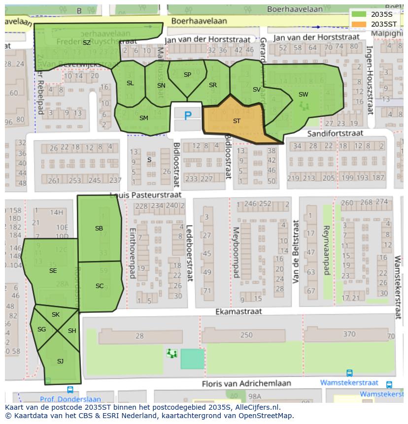 Afbeelding van het postcodegebied 2035 ST op de kaart.