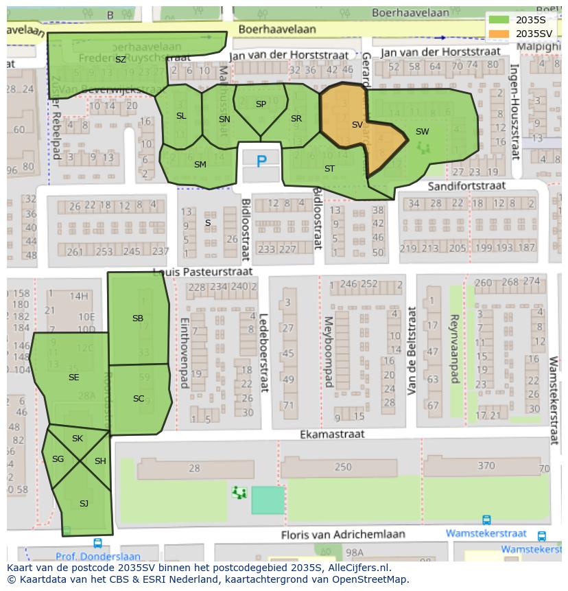 Afbeelding van het postcodegebied 2035 SV op de kaart.