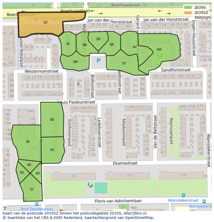 Afbeelding van het postcodegebied 2035 SZ op de kaart.