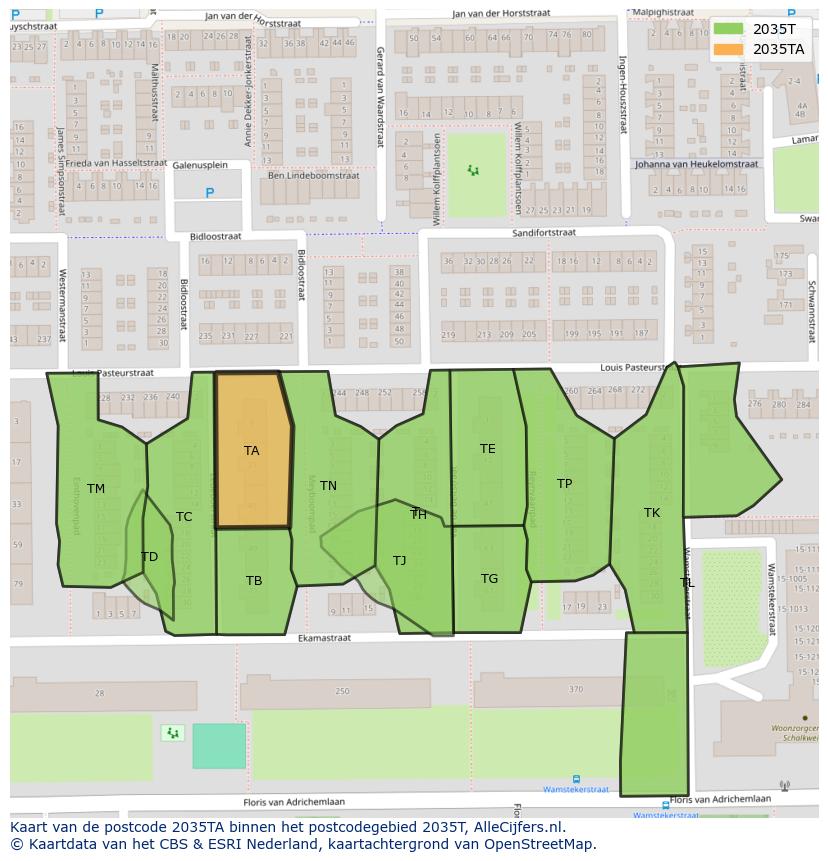 Afbeelding van het postcodegebied 2035 TA op de kaart.