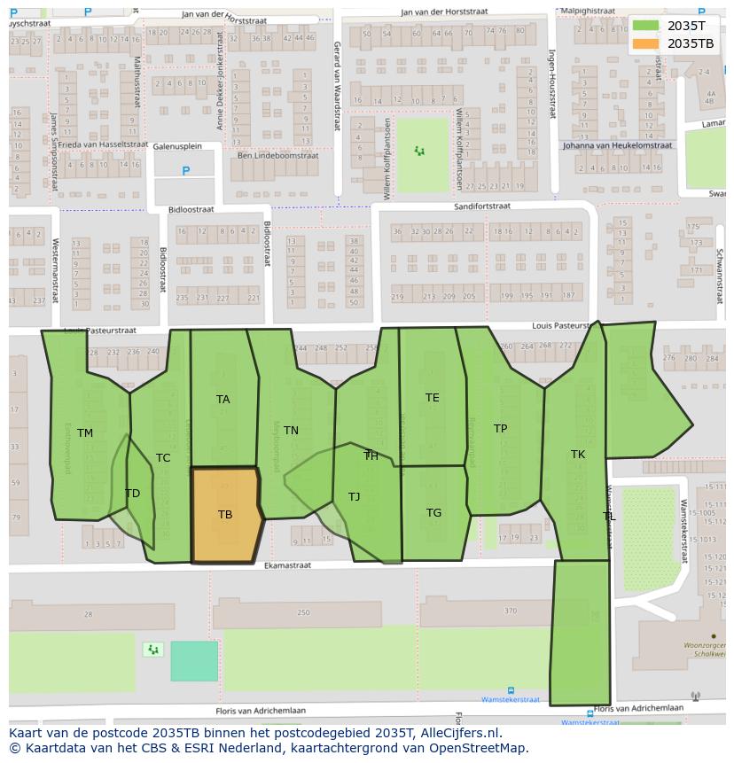 Afbeelding van het postcodegebied 2035 TB op de kaart.