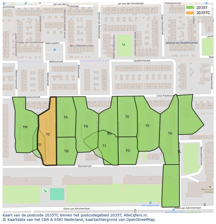 Afbeelding van het postcodegebied 2035 TC op de kaart.