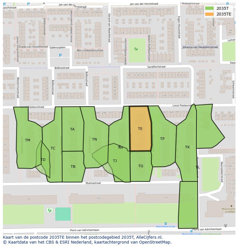 Afbeelding van het postcodegebied 2035 TE op de kaart.