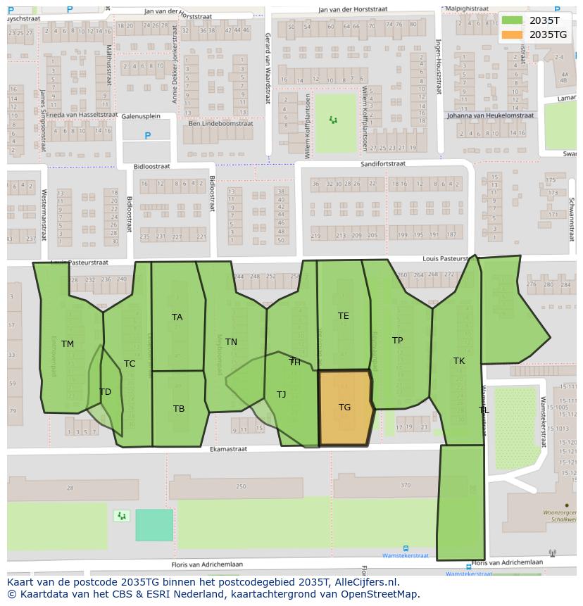 Afbeelding van het postcodegebied 2035 TG op de kaart.