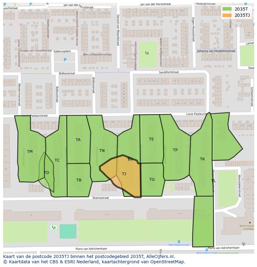 Afbeelding van het postcodegebied 2035 TJ op de kaart.