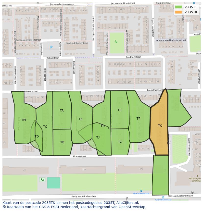 Afbeelding van het postcodegebied 2035 TK op de kaart.