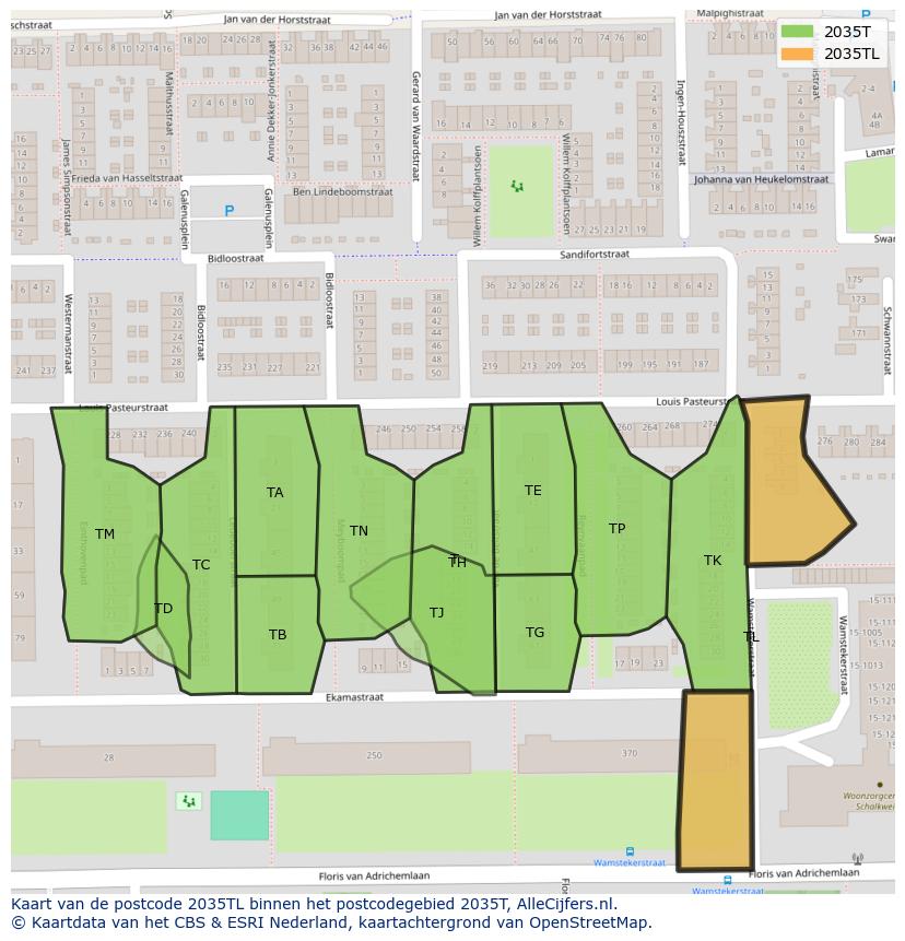 Afbeelding van het postcodegebied 2035 TL op de kaart.