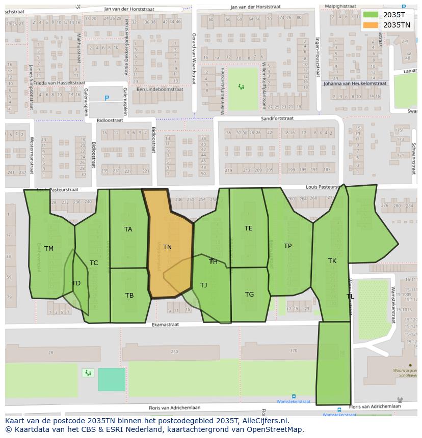Afbeelding van het postcodegebied 2035 TN op de kaart.