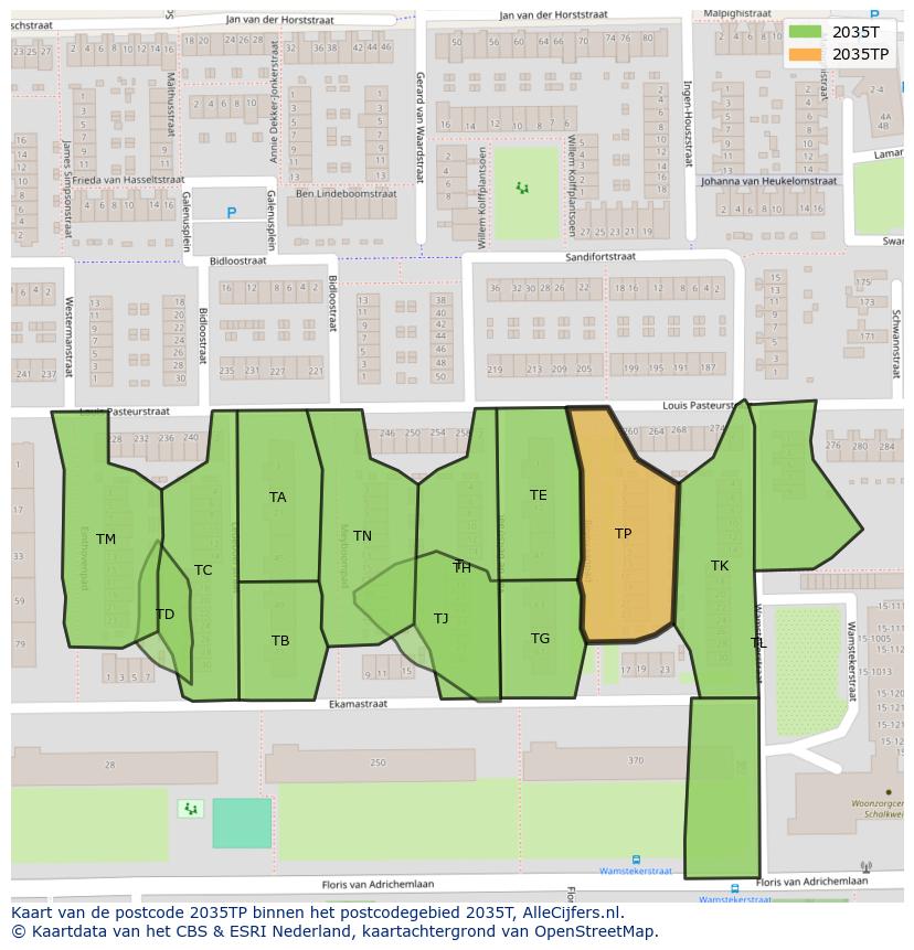 Afbeelding van het postcodegebied 2035 TP op de kaart.