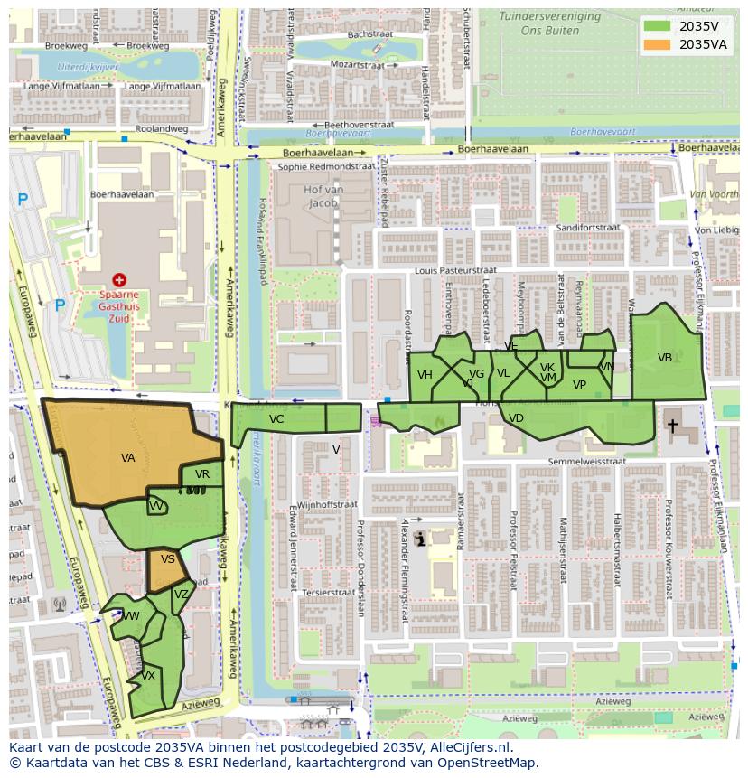 Afbeelding van het postcodegebied 2035 VA op de kaart.