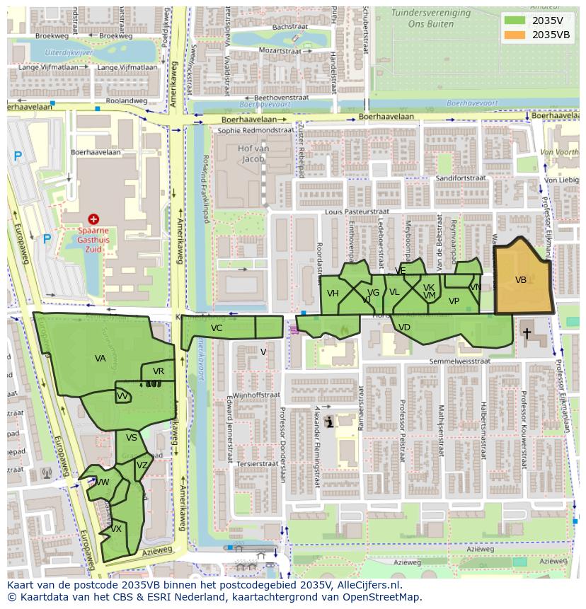 Afbeelding van het postcodegebied 2035 VB op de kaart.