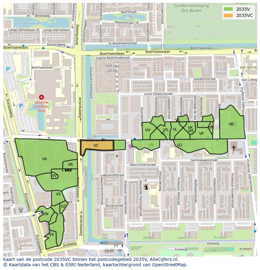 Afbeelding van het postcodegebied 2035 VC op de kaart.