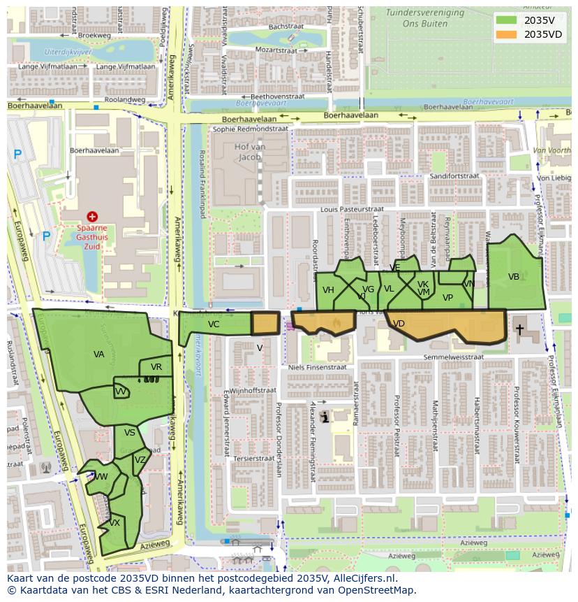 Afbeelding van het postcodegebied 2035 VD op de kaart.