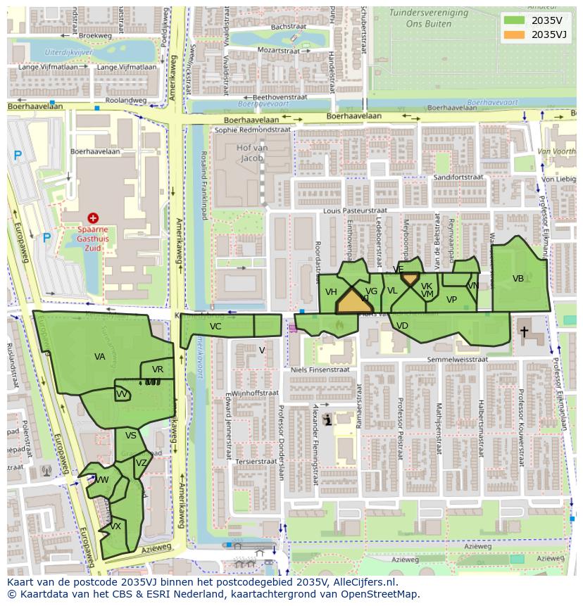 Afbeelding van het postcodegebied 2035 VJ op de kaart.