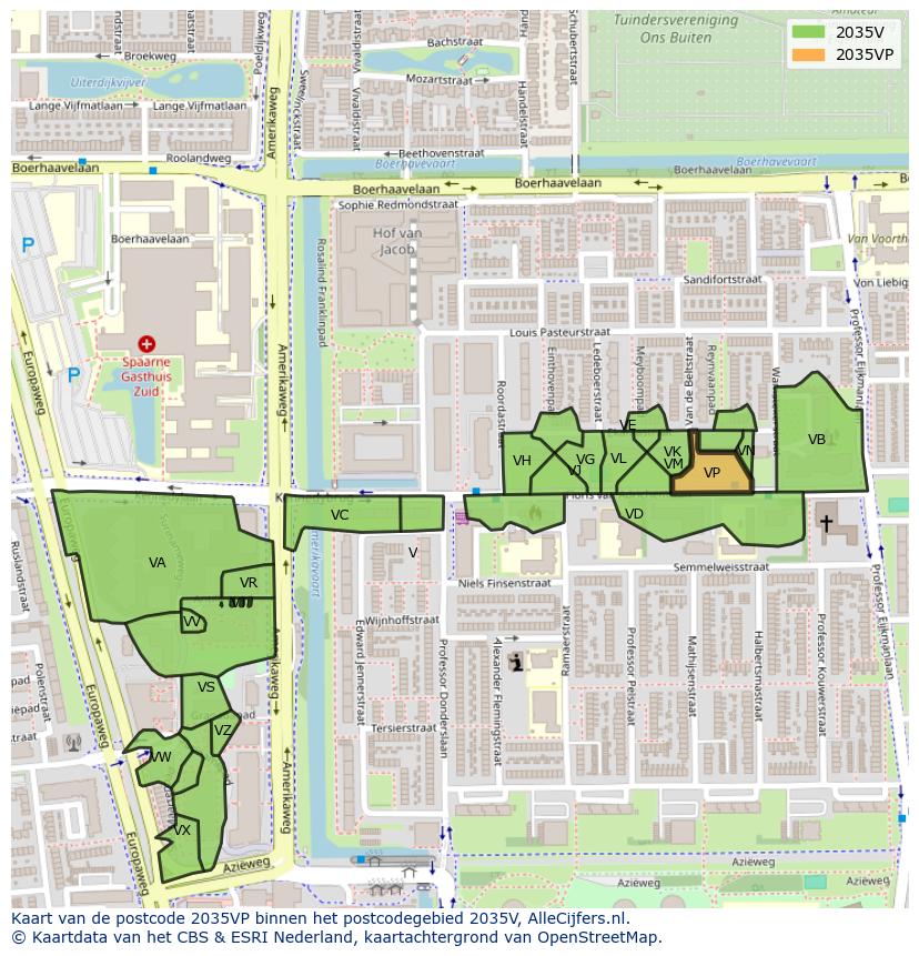 Afbeelding van het postcodegebied 2035 VP op de kaart.